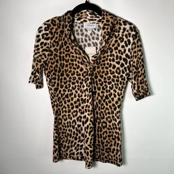 NWT CARMEN MARC VALVO Leopard Cheetah Print Tie V-neck Short Sleeve Blouse Sz XS - Picture 4 of 14